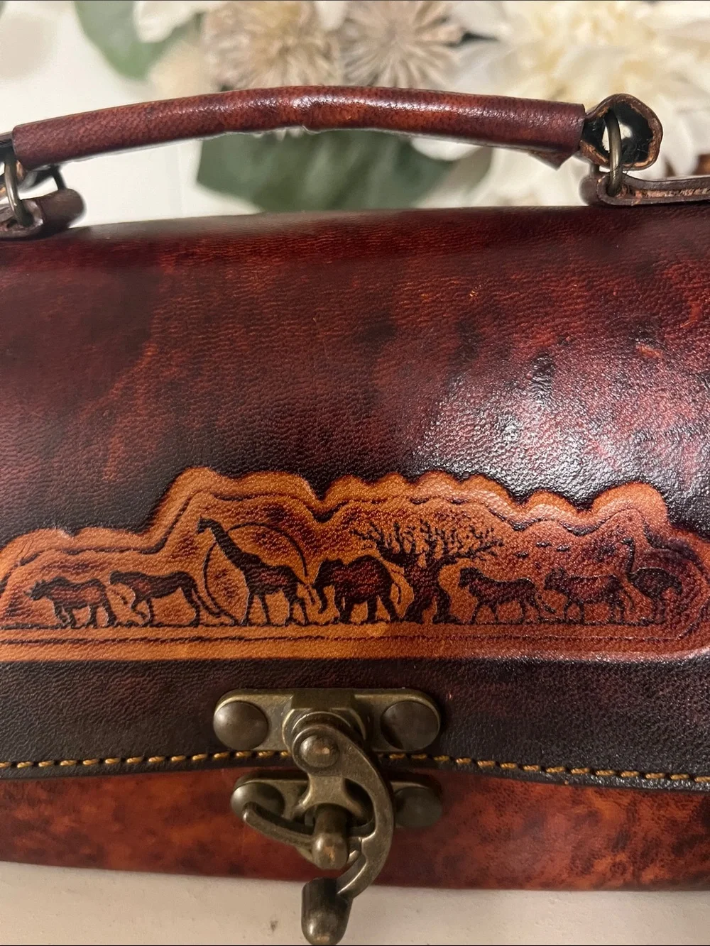 Gold Rock Brown Leather small Messenger Bag with Carved Wildlife Scene